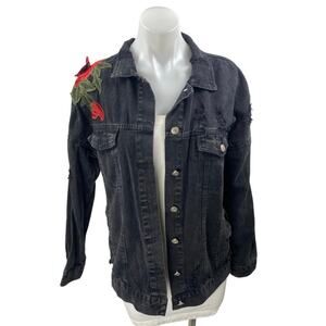 Vera & Lucy Black Floral Embroidered Button Down Distressed Denim Jeans Jacket M